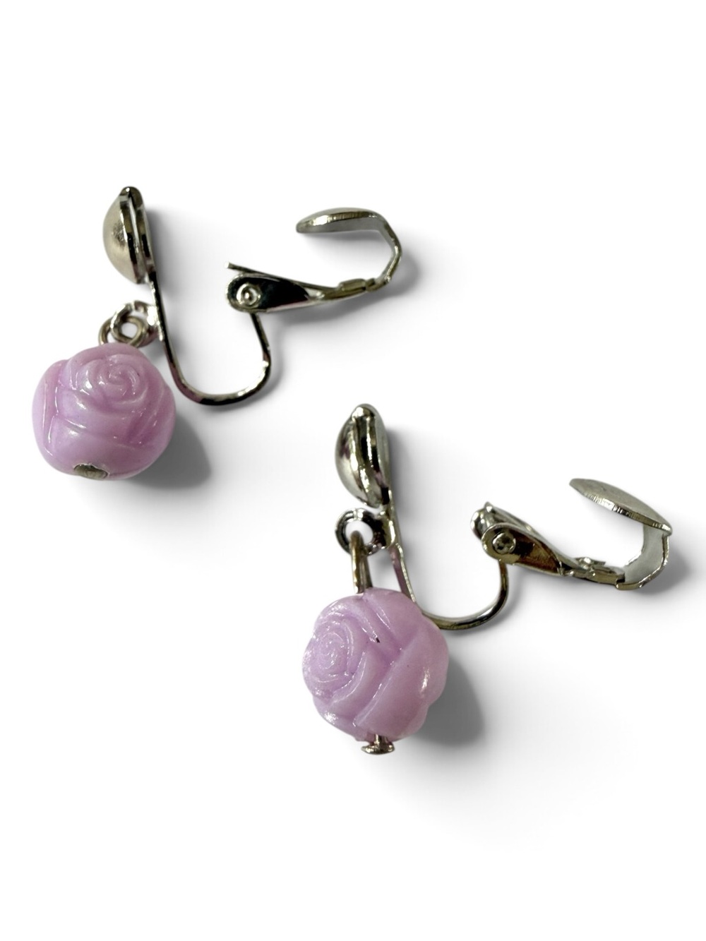 Vintage Lavender Rose Dangle Drop Clip-On Earrings - Picture 6 of 8